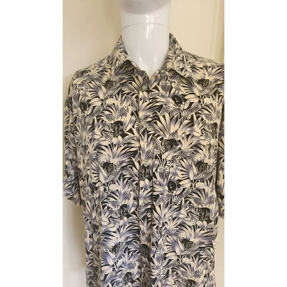 Pierre Cardin VTG. Cotton Blk, Grey, Cream SS Shirt, Tropical Elephant Prt, XX